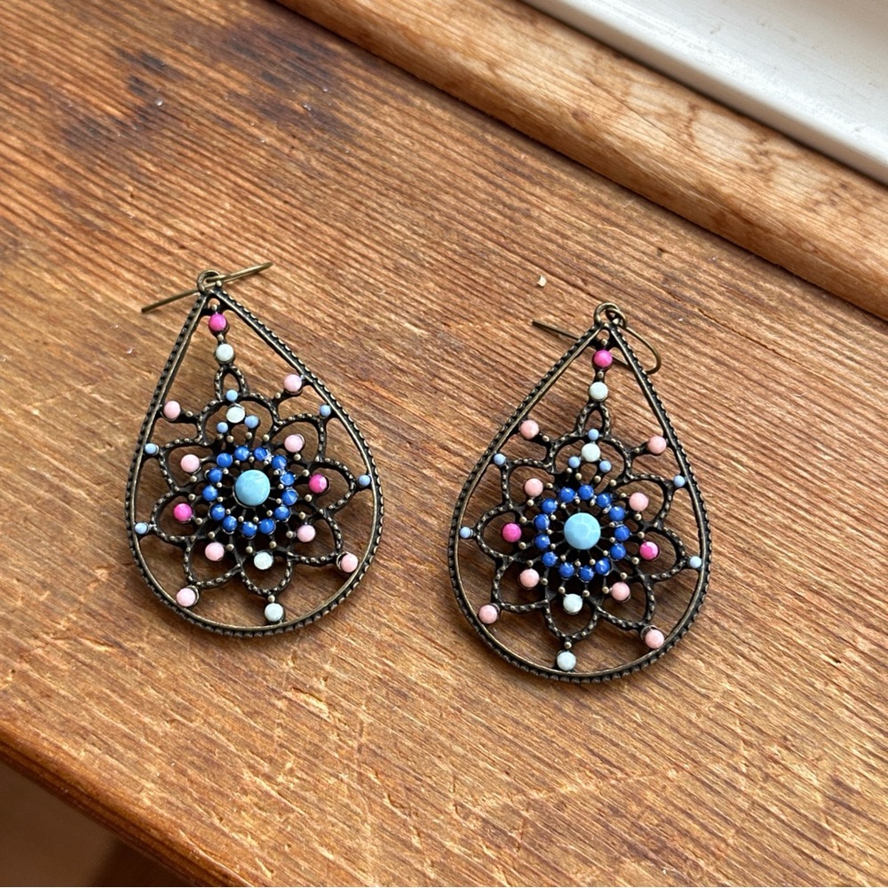 Bohemian Teardrop Earrings with Pink and Blue Beads - Picture 2 of 5